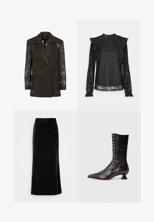 Blazer en dentelle noire avec un col châle en satin, devant double boutonnage et deux poches plaquées, mettant en valeur des motifs floraux.; PIECES Tall PCOLLINE - Blouse - black; Jupe maxi en velours noir avec des plis verticaux et une ceinture en dentelle sculptée. Le tissu a une apparence douce et texturée.; Bottine noire en cuir avec un bout pointu, laçage à l'avant, œillets en métal, petit talon block et un design épuré. Texture lisse, silhouette moderne.