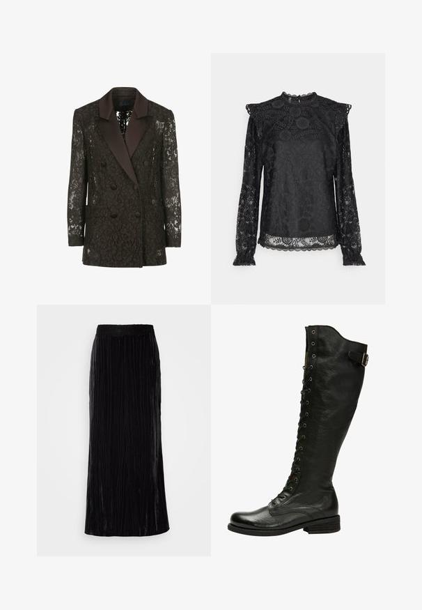 Sort blondejakke med satin sjalskrave, dobbeltknaplukning med knapper og to påsyede lommer, der præsenterer blomstermønstre.; PIECES Tall PCOLLINE - Bluse - black; Lang sort fløjl maxi nederdel med vertikale plisseringer og en bølget blonde talje. Stoffet har et blødt, tekstureret udseende.; Sorte læder knæhøje støvler med snørebånd foran, sølvøjer og sidebælte. Har en tekstureret overflade og stablet hæl.