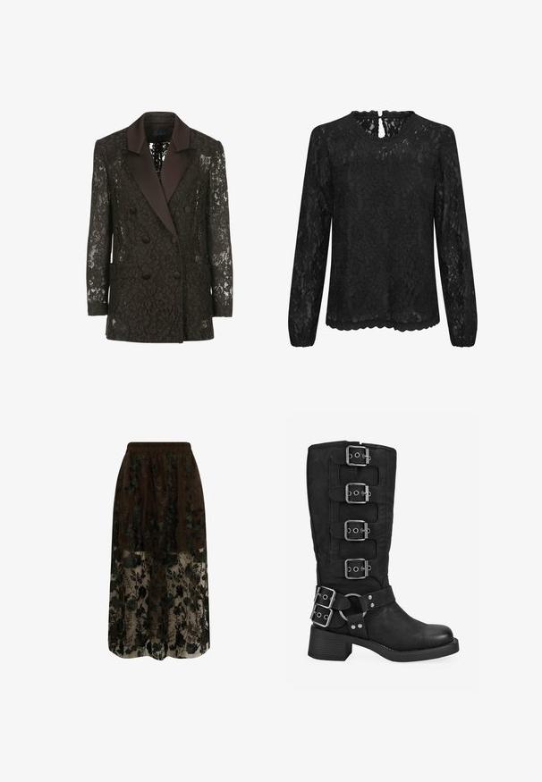 Blazer negro de encaje con cuello chal de satén, frente cruzado con botones y dos bolsillos de parche, que muestra patrones florales.; Blusa de encaje negro de manga larga con escote redondo, dobladillo festoneado y detalle de ojal en la parte trasera. Patrón floral delicado en toda la prenda.; Falda marrón con superposición de encaje floral negro transparente que se extiende por debajo del dobladillo, con cintura elástica y corte hasta la rodilla.; Bota negra hasta la mitad de la pantorrilla con cuatro hebillas plateadas en la caña, dos hebillas cerca del tobillo y un tacón bajo y cuadrado.