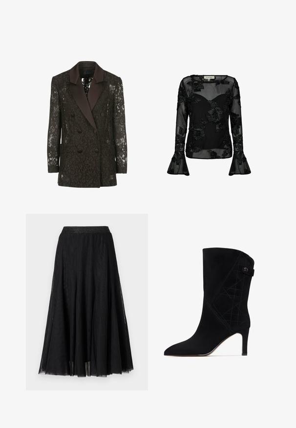 Blazer negro de encaje con cuello chal de satén, frente cruzado con botones y dos bolsillos de parche, que muestra patrones florales.; Blusa negra transparente con patrones florales bordados. Presenta mangas largas con puños acampanados y un escote corazón. Textura suave.; Falda maxi negra con un diseño fluido y texturizado. Presenta una cinturilla amplia y brillante, así como una tela ligera y en capas que aporta un aspecto elegante.; Botín de ante negro con punta afilada, tacón delgado y diseño geométrico acolchado en el costado. Presenta un detalle de botón en el tobillo.