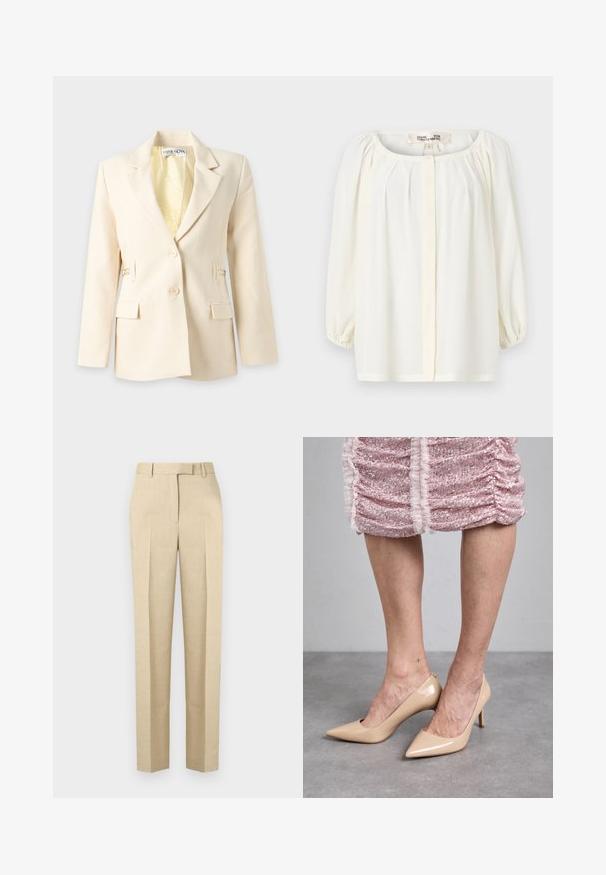 Blazer pour femme couleur crème avec deux boutons, revers crantés, poches à rabat et doublure intérieure à motifs, présenté sur fond blanc.; Blouse blanche avec un décolleté arrondi, un devant plissé et des manches bouffantes trois-quarts. Fabriquée en tissu léger avec une texture douce.; Pantalon beige taille haute sur mesure avec passants pour ceinture, pli avant et fermeture invisible, présenté sur un fond uni.; Talons hauts en cuir verni beige avec une pointe fine et un talon élancé. Texture lisse avec un design épuré. Portés avec une robe rose pailletée.