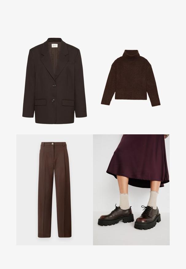 Mørkebrun blazer med inderlapeller, to frontlommer med flap, to knapper og en brystlomme af Gestuz.; Brun ribbet turtleneck sweater med lange ærmer og cropped silhuet, med et tykkere, struktureret strikdesign.; Brune bukser med højtaljede, lige ben, frontknap, lynlås, bæltestropper og sidelommer mod en neutral baggrund.; Brune læder platform sko med tykke sorte såler, parret med ribbet beige strømper med bølgede kanter, mod en afdæmpet baggrund.