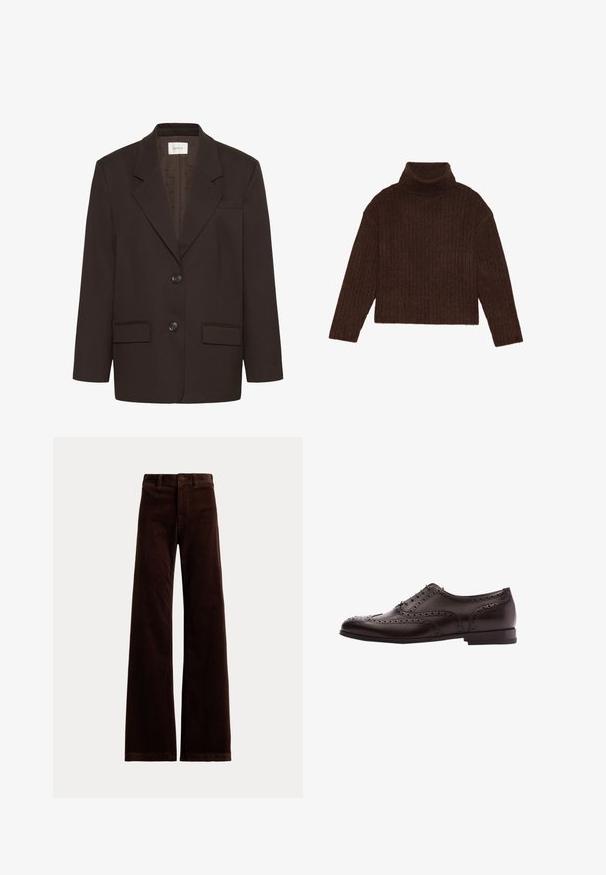 Mørkebrun blazer med inderlapeller, to frontlommer med flap, to knapper og en brystlomme af Gestuz.; Brun ribbet turtleneck sweater med lange ærmer og cropped silhuet, med et tykkere, struktureret strikdesign.; Mørkebrune bredbenede kordbukser med bæltestropper og knaplukning foran på ensfarvet baggrund.; Brune læder dress sko med brogue-detaljer, snørebånds lukning, rund tå og en lav stablet hæl. Poleret finish og indviklede perforeringer.