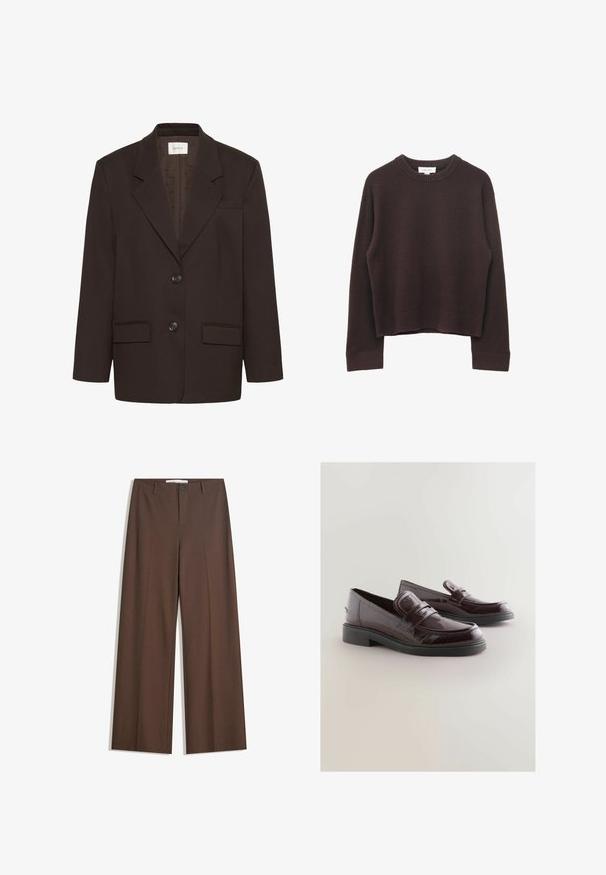 Mørkebrun blazer med inderlapeller, to frontlommer med flap, to knapper og en brystlomme af Gestuz.; Mørkebrune strikkede langærmede pullover med rund hals, ribstrikkede manchetter, kant og halsudskæring, vist fladt på en hvid baggrund.; Brune brede bukser med en glat tekstur, frontfald, en knaplukning og to sidelommer. Designet til komfort og alsidighed.; Bordeaux patent læder loafers med rund tå, polstret sål og en sort gummisål. Har en dekorativ rem på tværs af forsiden.