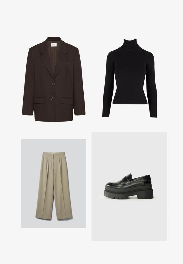 Mørkebrun blazer med inderlapeller, to frontlommer med flap, to knapper og en brystlomme af Gestuz.; Sort ribbet turtleneck sweater med lange ærmer, tætsiddende silhuet, tekstureret stof og høj hals.; Beige bukser med brede ben, forlommer og skjult forlukning, vist på en neutral baggrund.; Sorte læder loafers med en kraftig platformsål. Rund tå, forkant-søm detalje og subtile syninger. Flad, struktureret ydersål.
