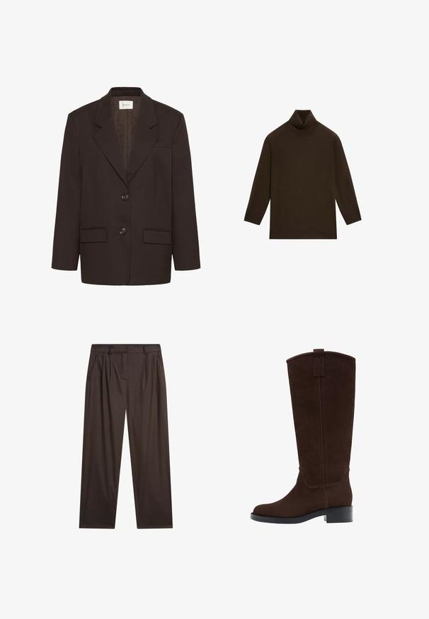 Mørkebrun blazer med inderlapeller, to frontlommer med flap, to knapper og en brystlomme af Gestuz.; Mørkebrun langærmet rullekravesweater med ribstrikket krave og kant, lagt fladt på en hvid baggrund.; Mørkebrune bukser med lige ben, bæltestropper, sidelommer og forreste folder på en hvid baggrund.; Høj mørkebrun ruskindsstøvle med lav stablet hæl og rundet tå, med en trækkemærke øverst på skaftet.