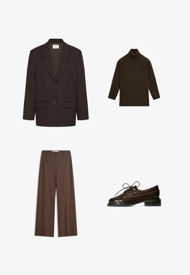 Mørkebrun blazer med inderlapeller, to frontlommer med flap, to knapper og en brystlomme af Gestuz.; Mørkebrun langærmet rullekravesweater med ribstrikket krave og kant, lagt fladt på en hvid baggrund.; Brune brede bukser med en glat tekstur, frontfald, en knaplukning og to sidelommer. Designet til komfort og alsidighed.; Mørkebrunt patentlædersnøresko med lav blokhæl og syninger langs siderne, vist i sideprofil.