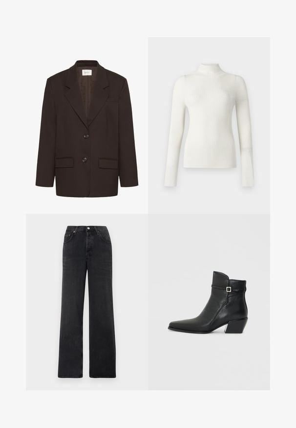 Mørkebrun blazer med inderlapeller, to frontlommer med flap, to knapper og en brystlomme af Gestuz.; Hvid langærmet ribstrikket top med høj hals. Stoffet har en glat tekstur og et tætsiddende design, der fremhæver en slank silhuet.; Sorte brede jeans lavet af denim. Har en høj talje, to forlommer og en knaplukning med kobberdetaljer.; Sorte læder ankelstøvler med spids tå, en lav blokhæl og en dekorativ rem med en sølvspænde accent. Glat tekstur.