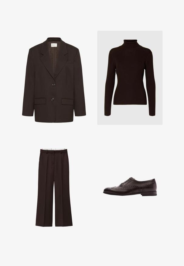 Mørkebrun blazer med inderlapeller, to frontlommer med flap, to knapper og en brystlomme af Gestuz.; Ribbet, mørkebrun turtleneck sweater med lange ærmer og en tætsiddende design. Glat tekstur og høj hals.; Viddebukser i mørkebrun stof, med høj talje, dobbelte læg og sidelommer. Glat tekstur med bæltestropper.; Brune læder dress sko med brogue-detaljer, snørebånds lukning, rund tå og en lav stablet hæl. Poleret finish og indviklede perforeringer.