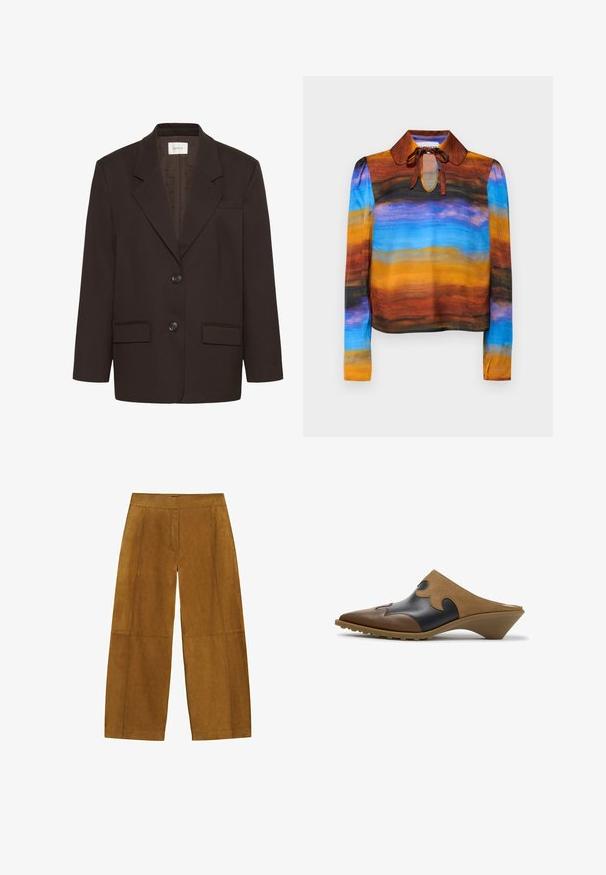 Mørkebrun blazer med inderlapeller, to frontlommer med flap, to knapper og en brystlomme af Gestuz.; Langærmet bluse med rund krave, prydet med et akvarelmønster i brune, orange, blå og sorte nuancer. Snore ved halsen tilføjer detaljer.; Brune vidde ruskindsbukser med synlige syninger og skjult lukning foran, vist mod en hvid baggrund.; Brune og sorte læder slip-on mule med spids tå og lavt skråt hæl, med dekorative syninger og bølgede ruskindsoverflader.