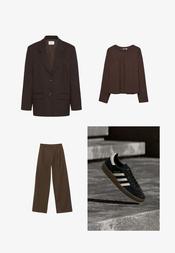 Mørkebrun blazer med inderlapeller, to frontlommer med flap, to knapper og en brystlomme af Gestuz.; Brun sweater med en afslappet pasform, ribbet rullekrave og lange ærmer. Glat tekstur med en rund kant og ingen synlige mønstre eller accenter.; Brune brede bukser med en glat tekstur, der har frynser foran, høj talje og et klassisk design, der er velegnet til forskellige anledninger.; Sort Adidas-sneaker med hvide striber og gummisåler, svævende over grå betontrapper i naturligt lys.