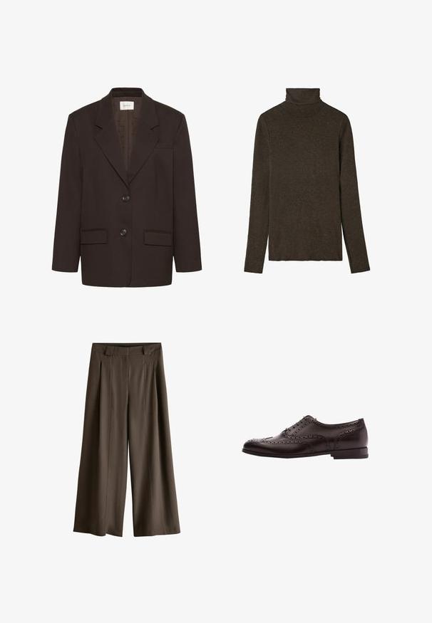Mørkebrun blazer med inderlapeller, to frontlommer med flap, to knapper og en brystlomme af Gestuz.; Mørkebrunt turtleneck top lavet af blød, struktureret stof. Har lange ærmer og en tætsiddende pasform, med en glat halsudskæring.; Brune bukser med vide ben, forreste læg og bæltestropper, lavet af glat stof, vist på hvid baggrund.; Brune læder dress sko med brogue-detaljer, snørebånds lukning, rund tå og en lav stablet hæl. Poleret finish og indviklede perforeringer.