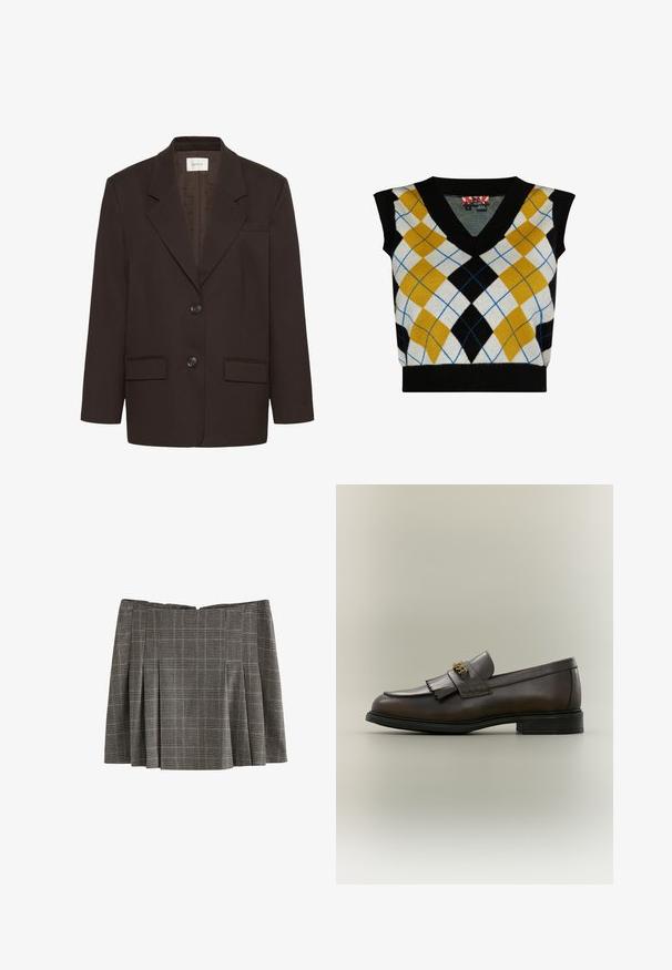 Mørkebrun blazer med inderlapeller, to frontlommer med flap, to knapper og en brystlomme af Gestuz.; Ærmeløs sweater med V-halsdesign, der har et argyle-mønster i gule, sorte, hvide og blå nuancer. Fremstillet af blødt strikmateriale.; Grå plisseret nederdel med sort og hvid ternet mønster, knælængde og lynlås bagpå.; Mørkebrun læderloafer med frynser og guldbeslag på sort sål, vist fra siden på en neutral baggrund.