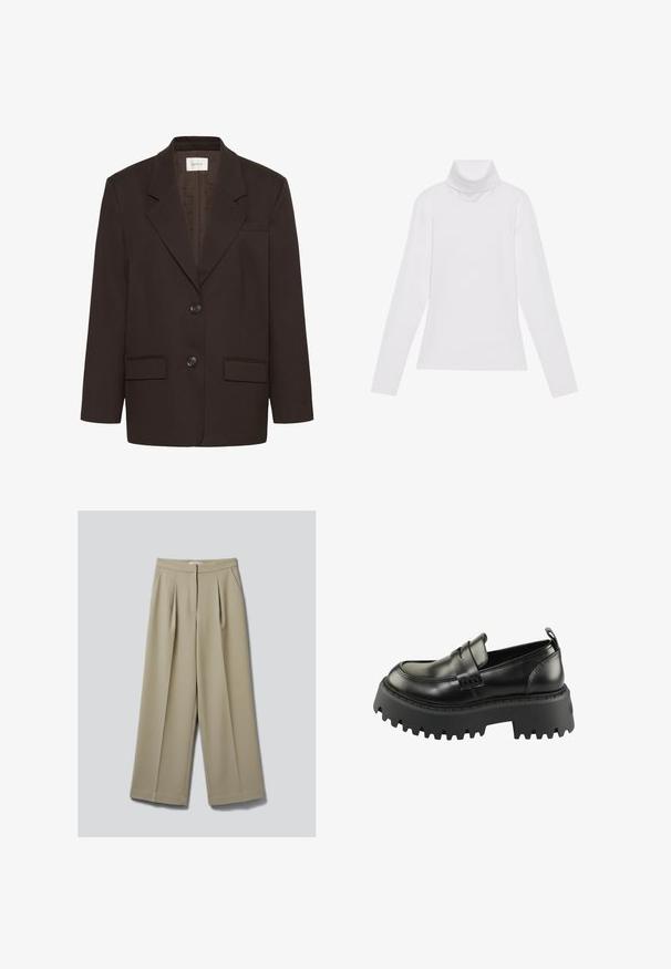 Mørkebrun blazer med inderlapeller, to frontlommer med flap, to knapper og en brystlomme af Gestuz.; Hvid langærmet turtle-neck top lavet af glat, strækbart stof. Har en høj krave og tætsiddende design, uden synlige mønstre eller udsmykninger.; Beige bukser med brede ben, forlommer og skjult forlukning, vist på en neutral baggrund.; Sorte læder loafers med en tyk, struktureret sort gummisål. Har en rund tå og en dekorativ rem på tværs af vamps.