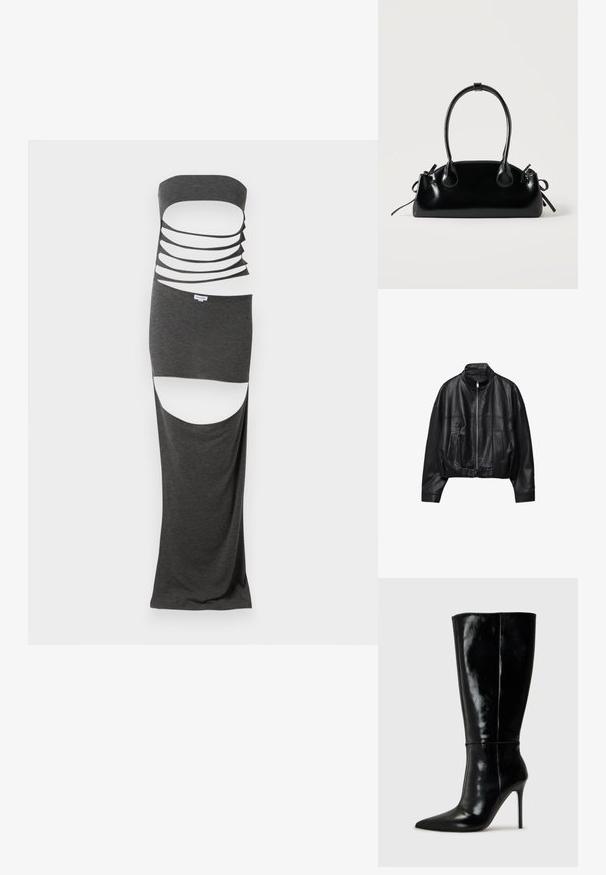 Veste en cuir noire avec fermeture éclair à l'avant, col montant, deux poches latérales, manches longues et sangle à boucle réglable à l'ourlet.; Robe maxi découpée en tissu gris foncé, dotée d'un design sans bretelles avec plusieurs découpes horizontales et fentes sur les côtés. Texture lisse.; Bottes noires en cuir, hautes jusqu'au genou, avec un bout pointu et un talon aiguille haut. Texture lisse et design épuré, avec un minimum de détails.; Petit sac à main noir brillant avec deux longues anses et des détails à cordon sur les côtés sur un fond clair uni.