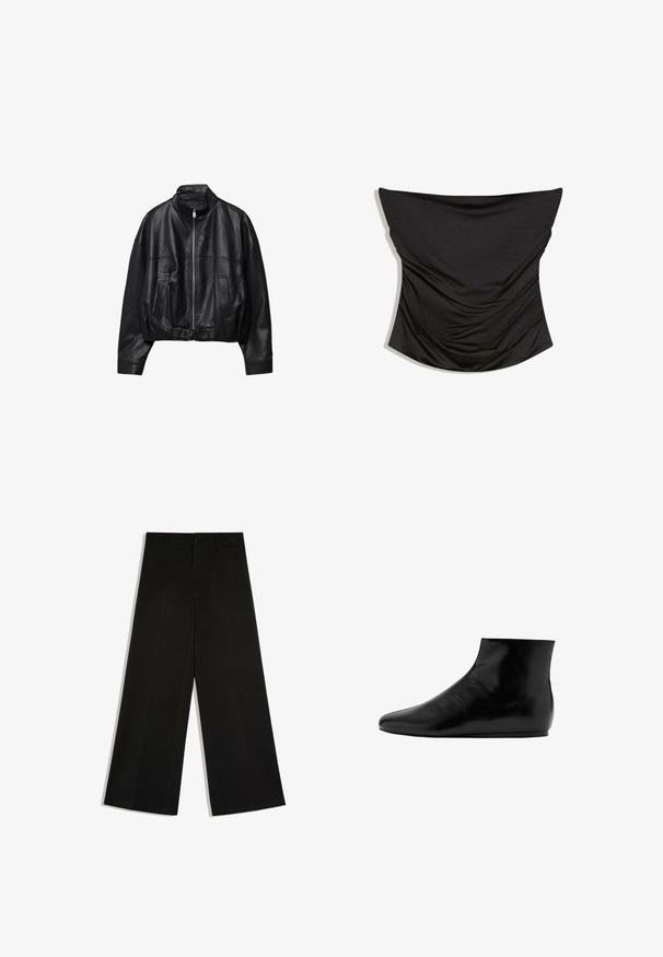 Veste en cuir noire avec fermeture éclair à l'avant, col montant, deux poches latérales, manches longues et sangle à boucle réglable à l'ourlet.; Corset noir en satin froncé sans bretelles avec un décolleté droit et une silhouette ajustée sur fond blanc.; Pantalon noir à jambes larges avec passants de ceinture, fermeture devant par bouton et zip, posé à plat sur fond blanc.; Bottine en cuir noir avec une surface lisse, semelle plate, bout rond et un design minimaliste.