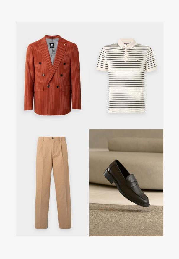 Blazer croisé en rouille avec des rayures blanches. Doté de boutons noirs, de revers crantés et de deux poches avant. Doublé avec un tissu à motifs.; Polo à manches courtes en tissu doux avec des rayures horizontales bleu marine sur un fond crème clair et une patte à deux boutons.; Pantalons kaki avec une coupe droite, confectionnés en tissu coton ; dotés d'une fermeture à un bouton et de deux plis sur le devant.; Chaussure loafer en cuir noir reposant sur un tapis beige avec un canapé beige courbé en arrière-plan.