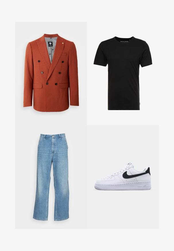 Blazer croisé en rouille avec des rayures blanches. Doté de boutons noirs, de revers crantés et de deux poches avant. Doublé avec un tissu à motifs.; T-shirt noir à manches courtes en coton, avec un col rond et une étiquette logo discrète sur le côté. Design simple et polyvalent.; Jean large en denim bleu clair. Dispose d'une taille haute, d'une fermeture à bouton et d'un design classique à cinq poches. Texture lisse.; Sneaker en cuir blanc avec un Swoosh noir texturé, des lacets plats et une semelle en caoutchouc avec un motif strié. "AIR" est embossé sur le talon.