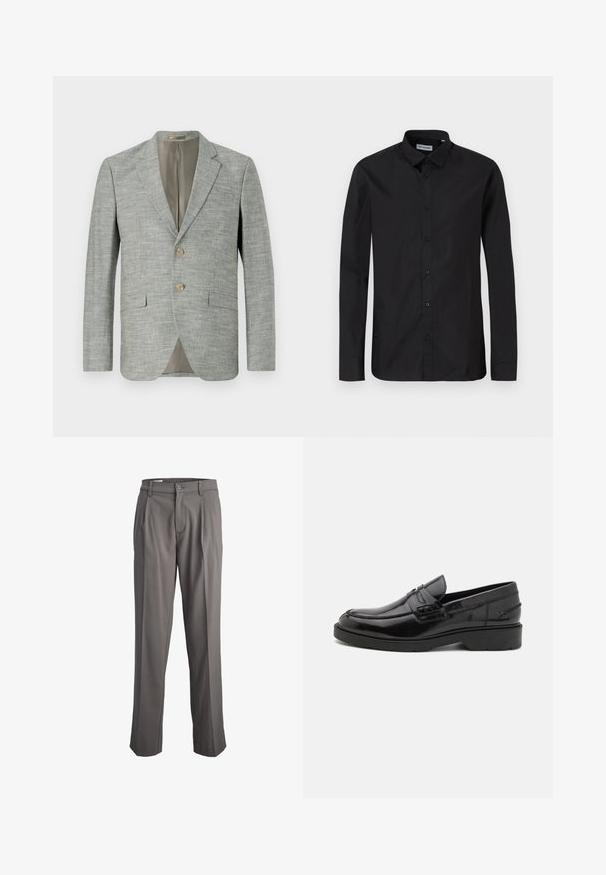 Blazer gris claro hecho de una tela texturada, con dos bolsillos delanteros, solapas de muesca y dos botones. Forro interior en beige.; Camisa de botón negra de manga larga con collar clásico, hecha de una tela suave, con botones frontales y un diseño de corte regular.; Pantalones gris con pinzas, exhibidos sobre un fondo blanco. Cuentan con cierre de botón y diseño de pierna recta.; Mocasines de cuero negro con un acabado suave, punta redondeada, tacón bajo y costura decorativa en la parte delantera. Suela de goma para mayor agarre.