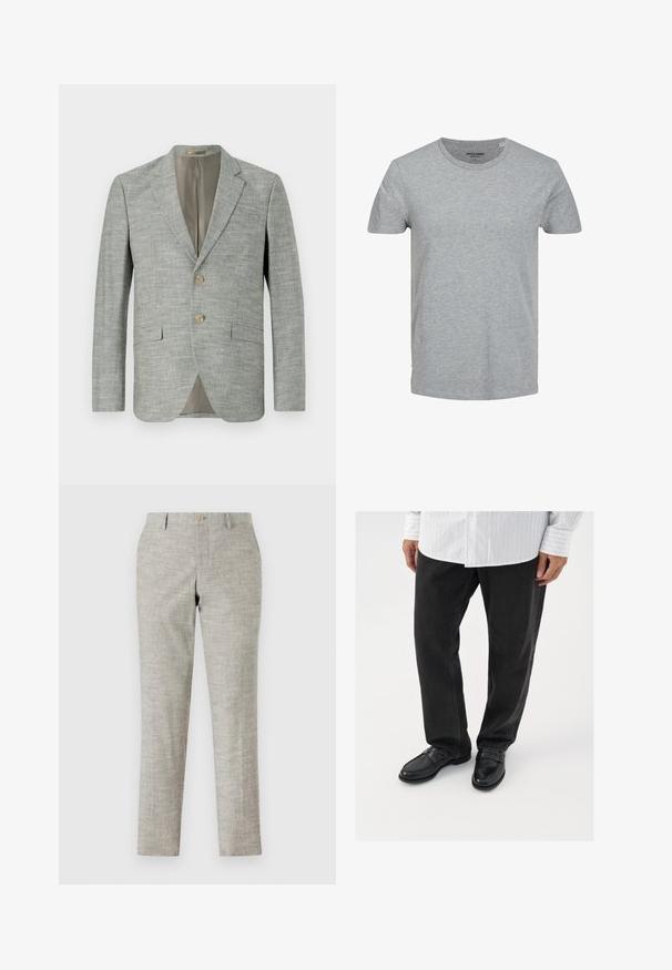 Blazer gris claro hecho de una tela texturada, con dos bolsillos delanteros, solapas de muesca y dos botones. Forro interior en beige.; Camiseta gris de manga corta hecha de suave algodón. Presenta un cuello redondo clásico y un corte regular. Diseño sencillo sin patrones ni acentos.; Pantalones de color gris claro con una tela texturizada, que presentan una parte delantera plana, cremallera y un cierre de un solo botón. Corte ajustado y piernas rectas.; Pantalones de mezclilla negros combinados con mocasines negros brillantes. La camisa es blanca con finas rayas verticales, de mangas largas y con cuello abotonado.