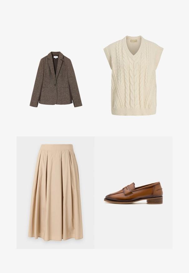 Blazer en tweed marron avec un col cranté, fermeture à un bouton et deux poches latérales. Tissu texturé avec un motif tissé subtil.; Gilet sans manches en tricot couleur crème avec motif torsadé et col en V.; Jupe plissée beige, longueur au genou, avec une large ceinture, réalisée en tissu léger, présentée sur un fond blanc uni.; Mocassins en cuir marron avec un panneau avant tissé texturé, bout rond et petit talon empilé. Finition lisse avec des détails de couture subtils.