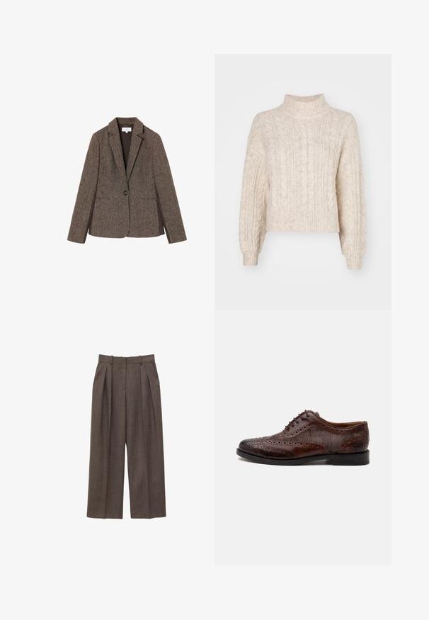 Blazer en tweed marron avec un col cranté, fermeture à un bouton et deux poches latérales. Tissu texturé avec un motif tissé subtil.; Pull cropped couleur crème avec un col montant, présentant un motif de tricot en torsades texturé et de longues manches légèrement bouffantes.; Pantalon marron taille haute à jambes larges avec passants de ceinture, plis à l'avant et poches latérales, présenté sur un fond blanc.; Chaussure habillée homme à bout golf en cuir marron avec détails brogue et panneaux latéraux en tissu à carreaux, vue de côté sur fond blanc.