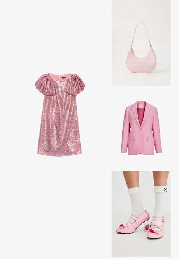 Blazer rose à un bouton, avec revers crantés, poches à rabats et doublure intérieure lisse satinée.; Robe courte rose pailletée avec manches bouffantes volantées et col rond, posée à plat sur un fond blanc.; Talons hauts en cuir verni rose avec un bout arrondi, trois brides et des embellissements en cerise. Le talon bloc transparent présente des accents floraux. Chaussettes blanches à côtes.; Call it Spring CELESTY - Sac à main - other pink