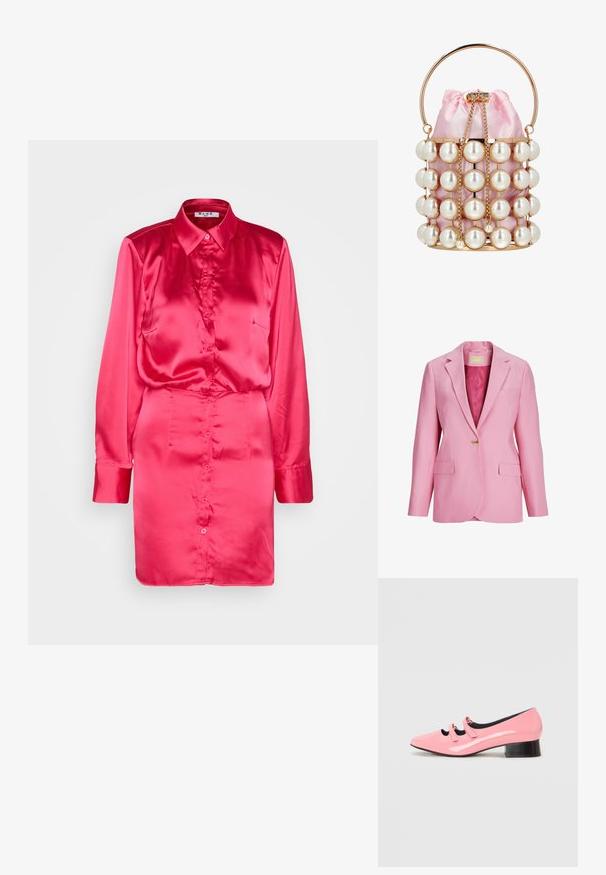 Pink blazer med skarp krave, enkelt guldknap lukning, to forlommer og en glat tekstur. Forede inderside med en kontrastfarve.; NA-KD SHIRT MINI DRESS - Skjortekjole - pink; Rosa patenteret lædersko med spids tå og to dekorative remme. Har en sort lav blokhæl og en glat overfladetekstur.; Lille lyserød satin spandtaske med guldfarvet ramme, store falske perler, guldkæde snørebånd og rundt guldhåndtag.