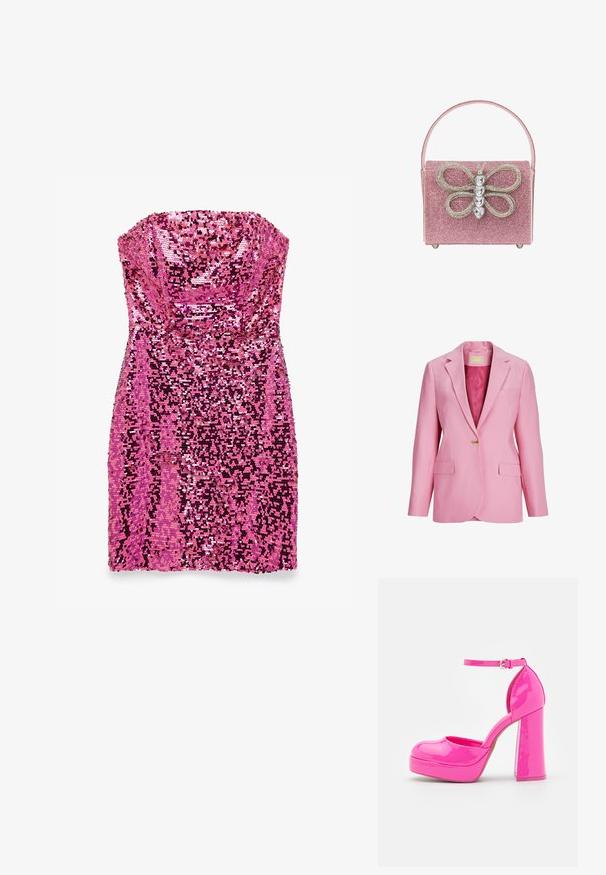 Pink blazer med skarp krave, enkelt guldknap lukning, to forlommer og en glat tekstur. Forede inderside med en kontrastfarve.; Stropfri, kort lyserød kjole dækket af skinnende pailletter, der skaber en glitrende, tekstureret overflade.; Call it Spring ANABELLE - Plateaupumps - dark pink; Lyserød, glitrende taske med et fremtrædende sommerfugle-design og rhinestone-detaljer, rektangulær form og flad håndtag.