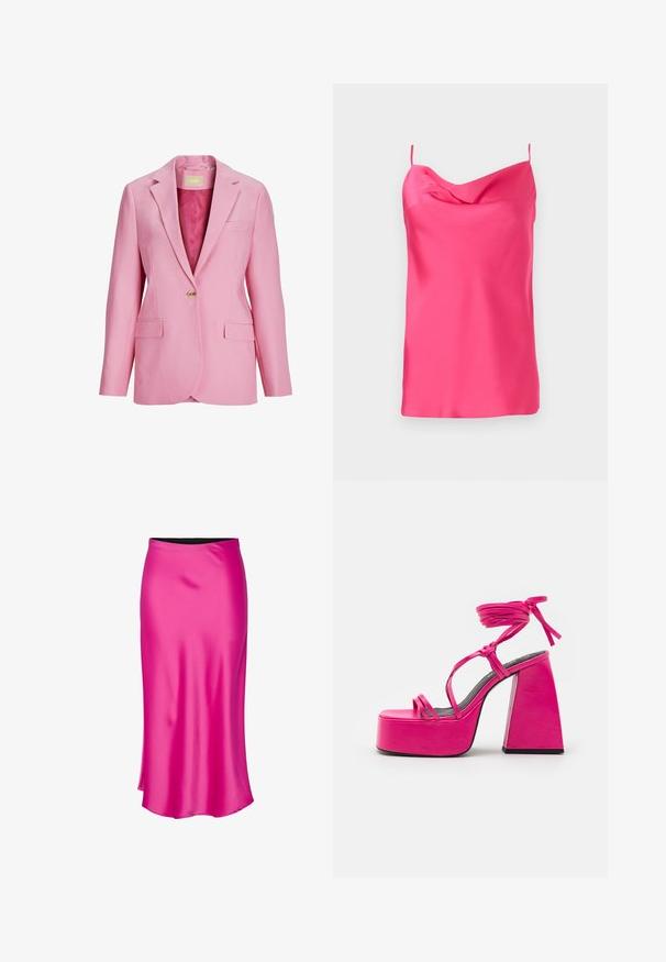 Blazer rose à un bouton, avec revers crantés, poches à rabats et doublure intérieure lisse satinée.; Haut sans manches en satin fuchsia avec un décolleté dégagé et des fines bretelles. Texture lisse avec un tombé doux, présentant un ourlet droit en bas.; Jupe midi en satin rose vif avec une texture lisse, présentant une coupe élégante et une ceinture noire pour contraste.; Chio Sandales à talons hauts - fresa