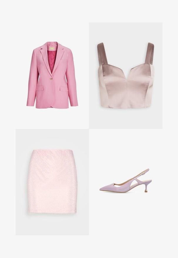 Blazer rose à un bouton, avec revers crantés, poches à rabats et doublure intérieure lisse satinée.; Swing Débardeur - fading lilac; Gina Tricot RHINESTONE SKIRT - Minijupe - pink; Escarpin slingback en cuir verni lavande avec bout pointu, bride à boucle réglable et talon stiletto moyen fin orné de détails métalliques.