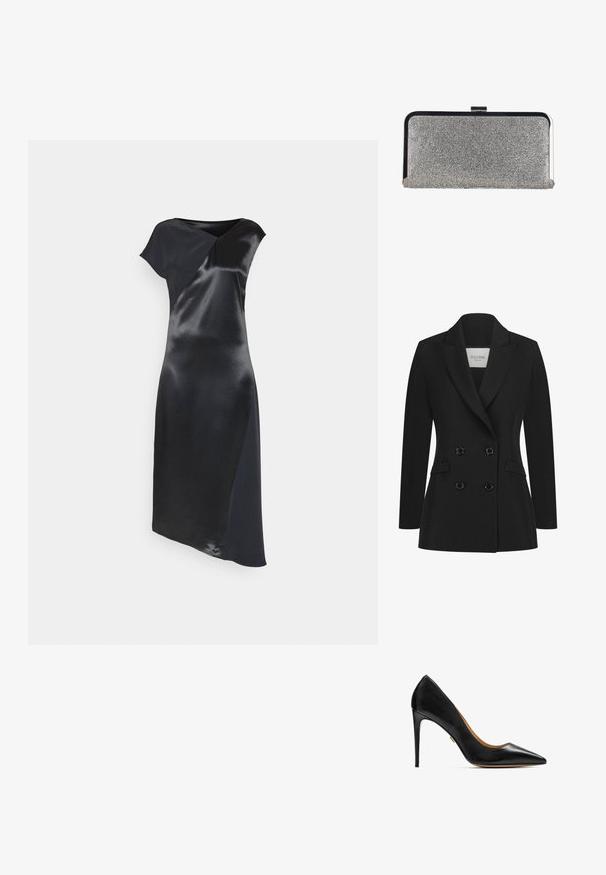 Schwarzer taillierter Doppelreiher-Blazer aus glattem Stoff, mit Reverskragen, zwei seitlichen Taschen und sechs schwarzen Knöpfen auf der Vorderseite.; Calvin Klein NAIA SHINE MIDI DRESS - Cocktailkleid/festliches Kleid - black; Schwarzer Lederhochschuh mit spitzer Zehe und glatter, geschmeidiger Oberfläche; verfügt über einen Stiletto-Absatz und minimale Details.; Rechteckige silberne Clutch-Tasche, bedeckt mit kleinen Strasssteinen, mit einem schwarzen und silbernen Metallrahmen und einem Verschluss.