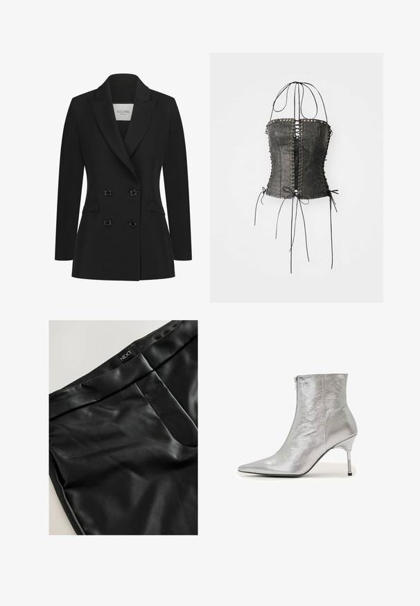 Schwarzer taillierter Doppelreiher-Blazer aus glattem Stoff, mit Reverskragen, zwei seitlichen Taschen und sechs schwarzen Knöpfen auf der Vorderseite.; Jaded London LONGLINE LACE UP HALTER CORSET - Top - black; Schwarze Kunstlederhosen mit glatter Oberfläche, flachem Bund und subtiler Nahtdetails an der Vorderseite. Markenlabel sichtbar.; Silberner Metallic-Ankle-Boot mit spitz zulaufender Schuhspitze, seitlichem Reißverschluss und schmalem Stilettoabsatz mit schwarzer Spitze vor weißem Hintergrund.
