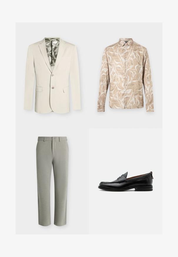 Blazer beige homme à deux boutons, col cranté, poches à rabat devant, poche poitrine et doublure intérieure grise et blanche à motifs.; Chemise beige à manches longues avec boutons sur le devant, motif de vigne feuillue blanche et col pointu.; Pantalon habillé gris clair à jambes droites avec fermeture boutonnée et passants de ceinture, présenté sur un fond uni.; Mocassin homme en cuir noir avec couture moc toe, bride penny, col texturé et petit talon empilé sur fond blanc.