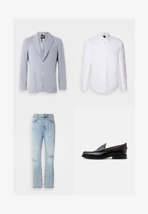 Blazer con estampado de espiga en azul y blanco. Cuenta con solapa de muesca, dos botones y bolsillos frontales. Fabricado en tejido texturizado.; Camisa blanca de manga larga y corte clásico, hecha de algodón, que presenta un cuello clásico, un logo sutil cerca del pecho y botones blancos.; Jeans de mezclilla de lavado claro con un corte relajado, que presentan áreas desgastadas y bordes deshilachados. La tela tiene una textura suave y lisa.; Mocasín de hombre de piel negra con costura moc toe, tira penny, cuello texturizado y tacón bajo apilado sobre fondo blanco.