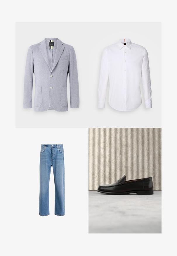 Blazer im Hahnentrittmuster in Blau und Weiß. Mit Reverskragen, zwei Knöpfen und Fronttaschen. Hergestellt aus strukturiertem Stoff.; Weiße langärmlige Button-Down-Hemd aus Baumwolle, mit klassischem Kragen, subtiler Logo-Detailierung auf der Brust und weißen Knöpfen.; Helle blaue Jeans im Geradeschnitt-Design, mit fünf Taschen, Knopfverschluss, minimaler Ausbleichung und kontrastierenden Nähdetails.; Schwarzer Pennyloafer aus Leder mit niedrigem Absatz, abgerundeter Spitze und genähten Details vorne und an den Seiten, gezeigt vor neutralem Hintergrund.