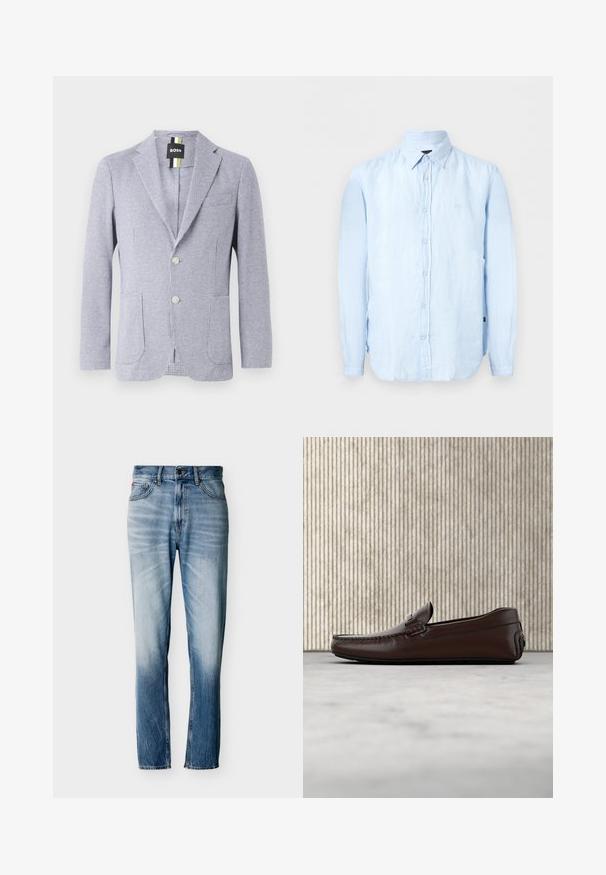 Blazer im Hahnentrittmuster in Blau und Weiß. Mit Reverskragen, zwei Knöpfen und Fronttaschen. Hergestellt aus strukturiertem Stoff.; Hellblaues Langarmhemd mit Knopfleiste und spitzem Kragen, aus leicht strukturiertem Stoff.; Blaue verwaschene Jeans mit geradem Bein, fünf Taschen, Knopfverschluss und Gürtelschlaufen, flach auf weißem Hintergrund ausgelegt.; Braune Leder-Loafer mit glatter Oberfläche, Mokassinstich, erhöhtem Zehenbereich und einer flexiblen Gummisohle in niedriger Höhe.
