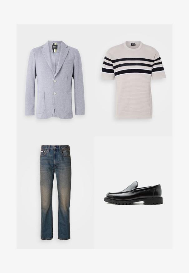 Hondstooth-gepatenteerde blazer in blauw en wit. Kenmerkt zich door een notch-lapel, twee knopen en voorzakken. Gemaakt van gestructureerde stof.; Lichtbeige gebreide sweater met korte mouwen, met zwart-witte horizontale strepen over de borst en mouwen, ronde hals.; Hoge taille blauwe spijkerbroek van denim, met een rechte pijpontwerp, vervaagde versleten plekken en traditionele vijf-pocket styling.; Zwarte leren loafer met dikke rubberen zool, gestikte bovenkant en gegraveerde merknaam op de hiel, zijaanzicht op witte achtergrond.