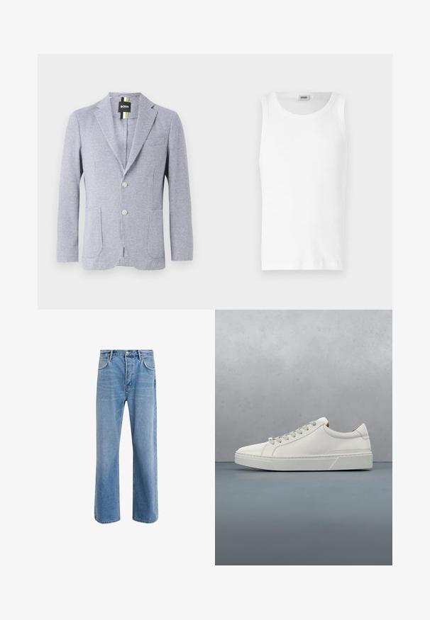 Blazer im Hahnentrittmuster in Blau und Weiß. Mit Reverskragen, zwei Knöpfen und Fronttaschen. Hergestellt aus strukturiertem Stoff.; Weißes Baumwoll-Tanktop ohne Ärmel mit Rundhalsausschnitt und glatter Textur. Einfaches Design, ohne Muster oder Akzente.; Helle blaue Jeans im Geradeschnitt-Design, mit fünf Taschen, Knopfverschluss, minimaler Ausbleichung und kontrastierenden Nähdetails.; Weißes Leder-Sneaker mit abgerundetem Zehenbereich, minimalistisches Design, graue Schnürsenkel und einer strukturierten grauen Gummisohle. Dezente Nähte sichtbar.