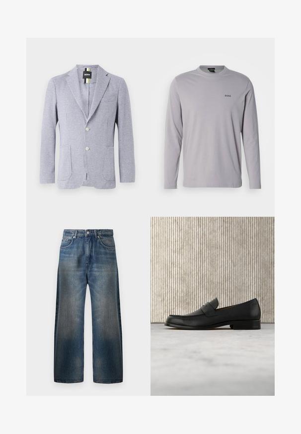 Blazer con estampado de espiga en azul y blanco. Cuenta con solapa de muesca, dos botones y bolsillos frontales. Fabricado en tejido texturizado.; Camiseta de manga larga de algodón gris claro, con cuello redondo y un pequeño logo negro "BOSS" en el pecho izquierdo.; Jeans de denim azul de pierna ancha con un acabado desgastado, que cuentan con cinco bolsillos, cierre de botón y detalles de costura visibles.; Zapato mocasín de cuero negro flotando sobre una alfombra beige con una mesa redonda marrón brillante al fondo.
