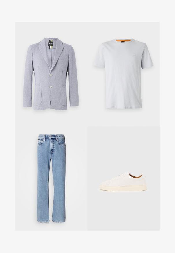 Blazer im Hahnentrittmuster in Blau und Weiß. Mit Reverskragen, zwei Knöpfen und Fronttaschen. Hergestellt aus strukturiertem Stoff.; Hellgraues T-Shirt mit kurzen Ärmeln aus Baumwolle, das ein kleines Logopatch auf der Brust und einen kontrastierenden orangefarbenen Akzent am Halsausschnitt aufweist.; Hellblaue Jeans aus Denim mit geradem Bein, fünf Taschen und Knopfverschluss. Nähte in der Nähe der Taschen und des Bundes.; Weißer Sneaker mit niedrigem Schaft und Schnürdesign, minimalen Nähten und einer cremefarbenen Sohle auf hellgrauem Hintergrund.