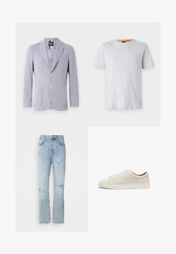 Blazer con estampado de espiga en azul y blanco. Cuenta con solapa de muesca, dos botones y bolsillos frontales. Fabricado en tejido texturizado.; Camiseta de manga corta gris claro hecha de algodón, con un pequeño parche de logo en el pecho y un acento naranja en contraste en el cuello.; Jeans de mezclilla de lavado claro con un corte relajado, que presentan áreas desgastadas y bordes deshilachados. La tela tiene una textura suave y lisa.; Zapatilla baja de ante beige con cordones a juego, suela plana y sutil logo "BOSS" en relieve en el lateral, presentada en vista lateral.