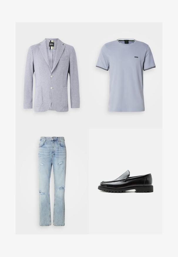 Hondstooth-gepatenteerde blazer in blauw en wit. Kenmerkt zich door een notch-lapel, twee knopen en voorzakken. Gemaakt van gestructureerde stof.; Lichtblauw katoenen t-shirt met ronde hals, korte mouwen en zwart-wit gestreepte accenten op de manchetten, met een klein geborduurd logo.; Licht gewassen denim jeans met een ontspannen pasvorm, voorzien van versleten plekken en rafelige randen. De stof heeft een zachte, gladde textuur.; Zwarte leren loafer met dikke rubberen zool, gestikte bovenkant en gegraveerde merknaam op de hiel, zijaanzicht op witte achtergrond.