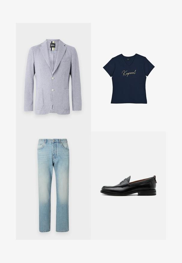 Hondstooth-gepatenteerde blazer in blauw en wit. Kenmerkt zich door een notch-lapel, twee knopen en voorzakken. Gemaakt van gestructureerde stof.; Donkerblauwe katoenen t-shirt met een V-hals, korte mouwen en gouden scriptletters "Kaporal" op de voorkant. Minimalistisch ontwerp.; Lichtblauwe jeans van denim, met een rechte pijpdesign, vijf zakken en een vervaagde was-effect op de dijen.; Zwarte leren herensloffen met moc toe stiksel, pennyriem, gestructureerde kraag en lage gestapelde hak op witte achtergrond.