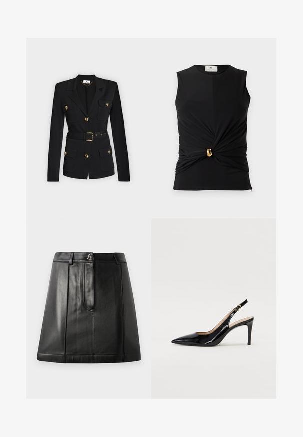 Blazer noir cintré avec manches longues, boutons dorés, poches à rabat et ceinture assortie avec boucle dorée.; Haut sans manches noir avec tissu drapé, présentant un devant torsadé et un détail accent doré à la taille. Texture lisse et coupe ajustée.; Jupe en cuir noir avec une forme structurée, dotée d'une poche avant et d'un accent métallique à la taille. Texture lisse et détails de couture.; Pompe slingback en cuir verni noir avec un bout pointu, un talon fin et un design de découpes subtil. Elle dispose d'une boucle dorée sur la sangle.