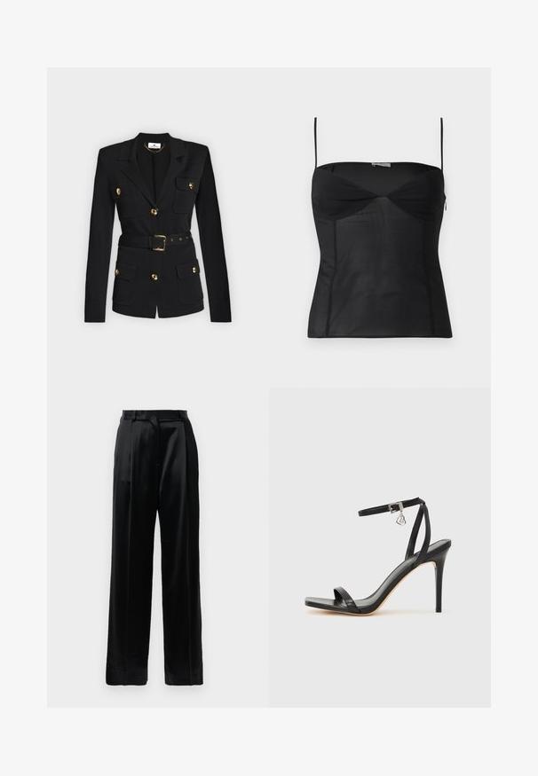 Blazer noir cintré avec manches longues, boutons dorés, poches à rabat et ceinture assortie avec boucle dorée.; Haut noir ajusté sans manches avec fines bretelles, encolure en cœur et détails de coutures sur un fond blanc uni.; Pantalons en satin noir taille haute avec jambes larges droites, passants de ceinture et fermeture plates sur un fond blanc uni.; Sandale à talon haut noire avec une bride étroite à la cheville, bout carré, cuir lisse et accent de boucle métallique.