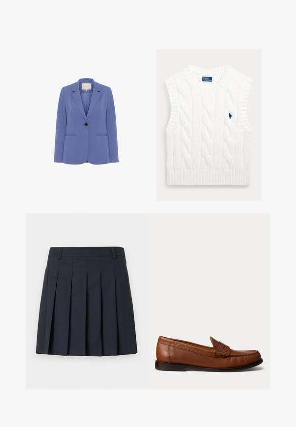 Skræddersyet blazer i lyseblåt stof, med en enkelt brun knap, klapkraver og to forreste lommer med en glat tekstur.; Hvid ærmeløs kabelstrikket sweater med ribbet kant. Har en lille, broderet blå logo på brystet. Tekstureret, blødt stof.; Mørkeblå plisseret nederdel med flad linning, lavet af glat stof. Har flere lodrette plisser og et skræddersyet design.; Brun læderloafer med lav sort hæl, mok-tå-syning og en dekorativ rem over toppen, vist mod en hvid baggrund.