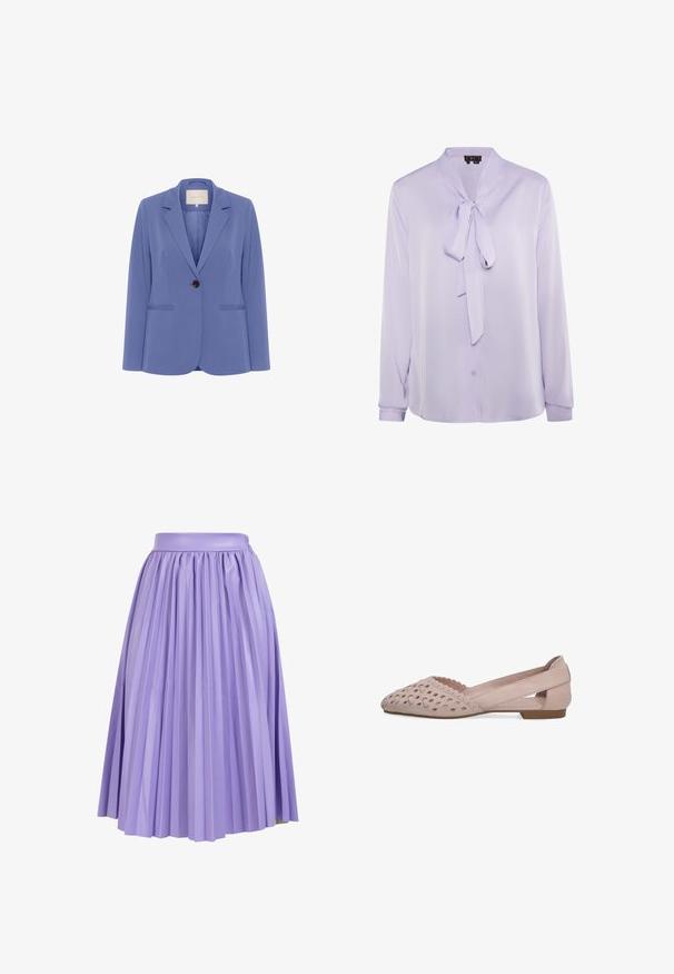 Skræddersyet blazer i lyseblåt stof, med en enkelt brun knap, klapkraver og to forreste lommer med en glat tekstur.; Lavendelbluse med bindebånd i halsen, lange ærmer og knaplukning. Glat stof med en let glans, der har minimalistiske design detaljer.; Plisseret nederdel i lys lavendelstof med en glat talje. Har vertikale folder, der strækker sig til kanten, hvilket skaber volumen og bevægelse.; Lyserød flad sko med bølgekant, udskåret diamantmønster foran og åben bag med rem.
