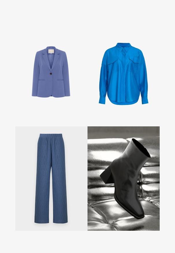 Blazer ajusté en tissu bleu clair, doté d'un bouton marron, de revers crantés et de deux poches avant avec une texture lisse.; Chemise à manches longues bleu vif avec col, deux poches à rabat à l'avant et coupe ample.; Pantalon large à motifs bleus avec une ceinture élastique, confectionné dans un tissu doux et texturé avec un motif ondulé sur toute la surface.; Botte noire à la cheville en matériau brillant avec un bout carré et un talon effilé, sur un fond argenté brillant et capitonné.