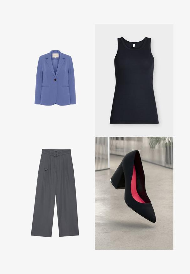 Blazer ajusté en tissu bleu clair, doté d'un bouton marron, de revers crantés et de deux poches avant avec une texture lisse.; Débardeur noir côtelé sans manches avec encolure ronde, présenté à plat sur un fond clair.; Pantalons larges en tissu gris foncé avec une taille ceinturée, présentant des plis avant et une texture lisse. Aucun motif ou accent supplémentaire.; Chaussure à talon haut noire avec un bout pointu et une tige texturée. Intérieur avec une doublure rose vif. Talon carré avec un accent métallique à la base.